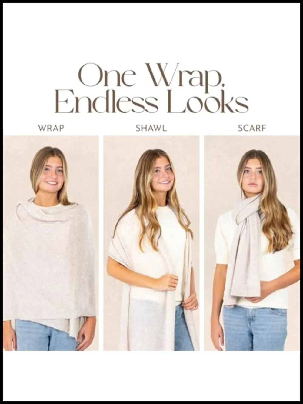 Cashmere Wool Blend Wrap Shawl, Pashmina Scarf Travel 78x27
